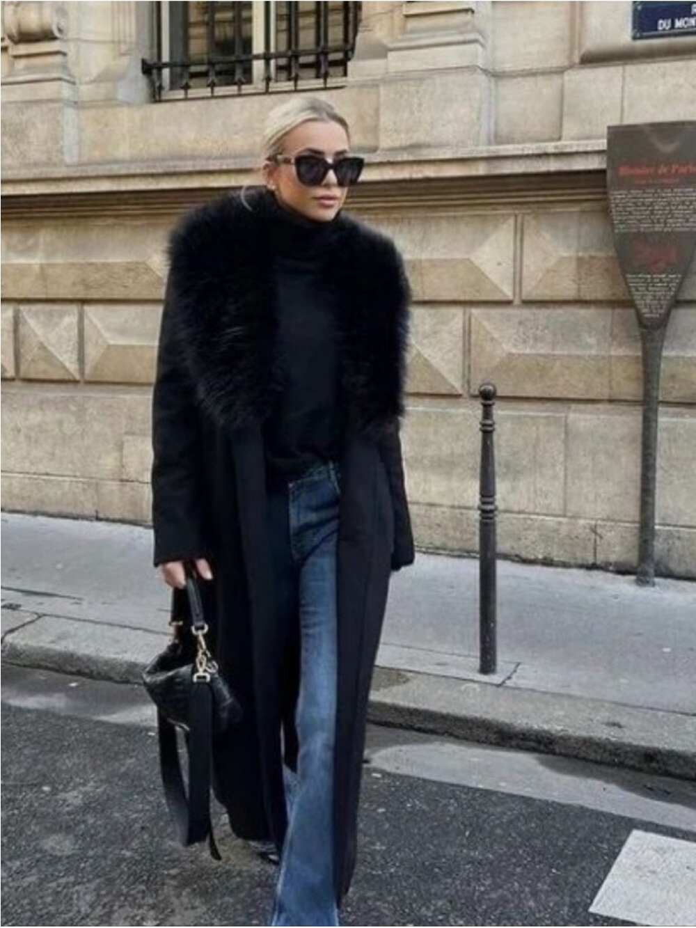 Zara Black Long Coat with Faux Fur Collar